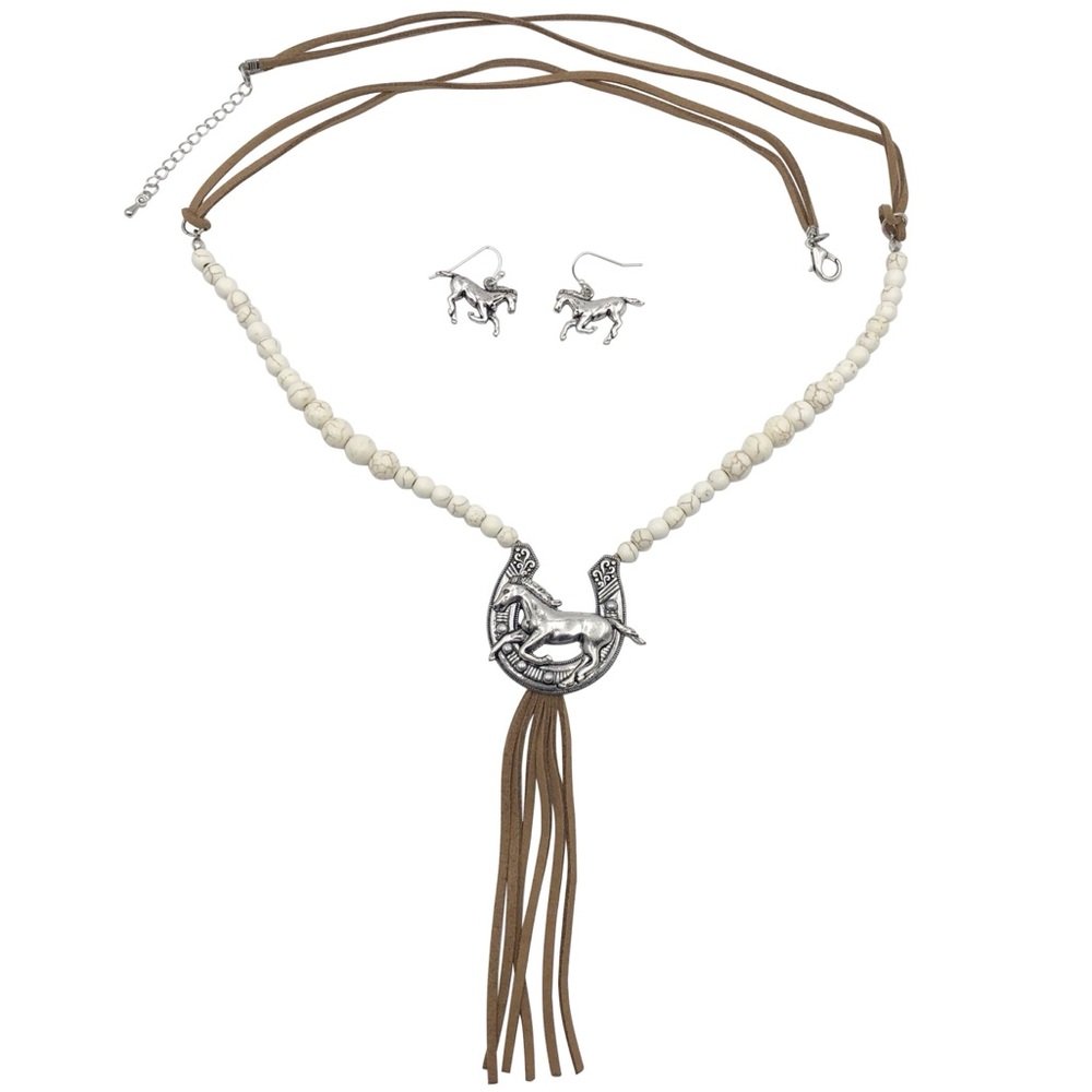 Lucky Horseshoe Horse Stone Necklace Earrings Set